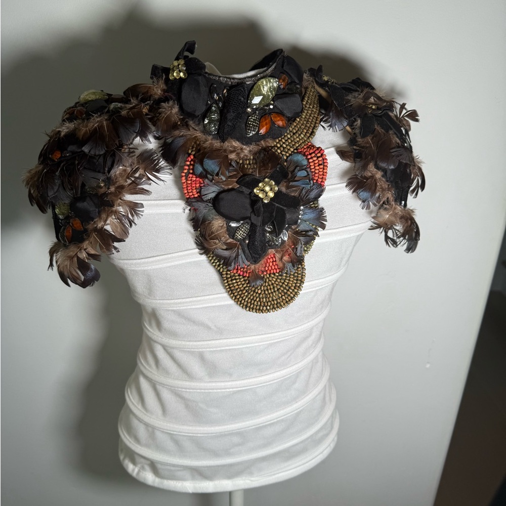 Handmade Futuristic Feather And Stone Necklace, Bolero With Shoulder Pads